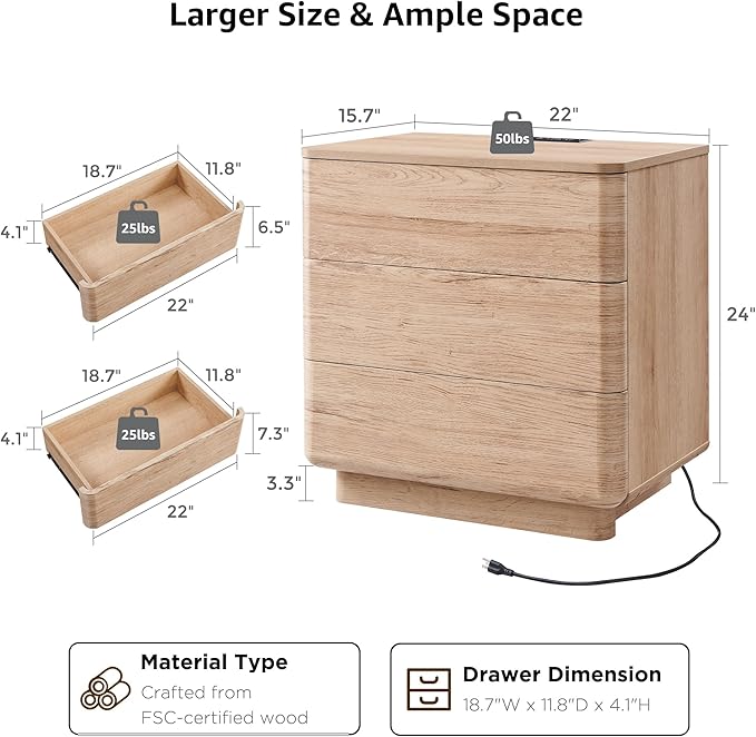 JXQTLINGMU 22" Modern Nightstand with Charging Station, Large Push-to-Open End Table, Wood Bedside Table w/Curved Profile Design, Handleless 3 Drawer Night Stand for Bedroom, Living Room, Natural Oak-Ruum Studio Home