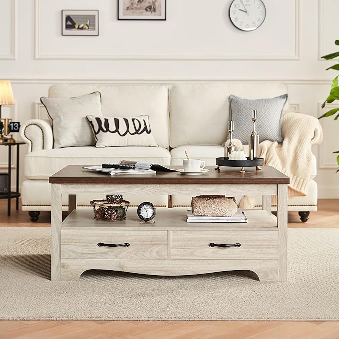 LINSY HOME Farmhouse Coffee Table with Storage, Wood Coffee Table for Living Room, Open Display Area and Storage Drawers with Metal Handles, Chic Style with Curved Base. Oak and Brown-Ruum Studio Home