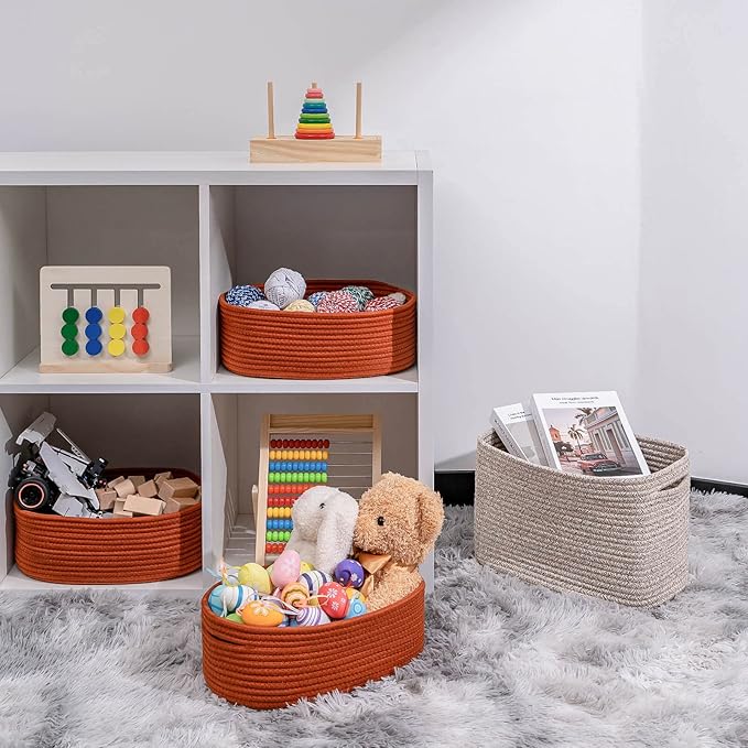 Shelf Storage Baskets for Organizing|Decorative Basket for Closet Storage|Toy Baskets&Bins|Small Woven Rope Baskets-13x8.66x5.11’’,Durable&Stylish,Oval 3 Packs Brick Red-Ruum Studio Home