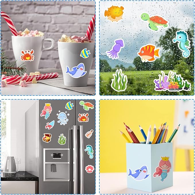 Sea Animals Gel Clings for Kids, 21PCS Thick Vinyl Decals, Cartoon Animal Stickers for Classroom, Home, Nursery, Airplane Birthday Party Supplies, Reusable, Water Resistant, Indoor Usage-Ruum Studio Home