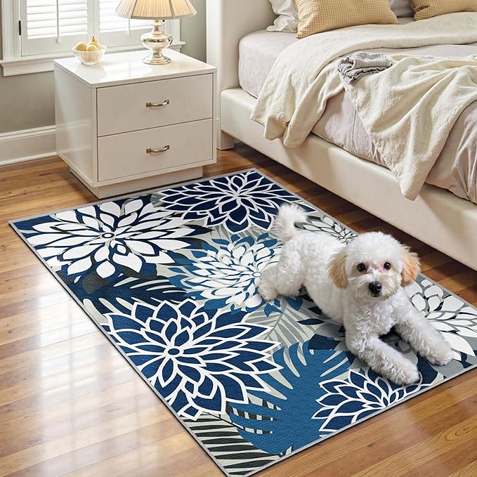Area Rug 2x3 Blue White Washable Entry Small Rug Multicolored Tropical Botanical Modern Floral Indoor Kitchen Door Mat Entrance Carpet Non Slip for Bedroom Living Room, Porch-Ruum Studio Home