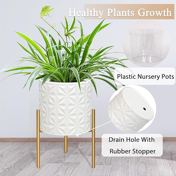 ARNIS Modern Planter Pots, Set of 2 Large Planters with Stand, Decorative Planters, Metal Pots with Drainage Holes for Living Room, Office, Garden or Balcony, 8.25 &10.5 Inch, Matte White-Ruum Studio Home