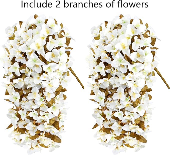 Bougainvillea Artificial Flowers Plants for Outdoors Outside Fall Autumn Decoration, 2 pcs Faux Silk Long Trailing Vines UV Resistant Look Real White Fake Flowers for Front Door Porch Planter Urn Yard-Ruum Studio Home