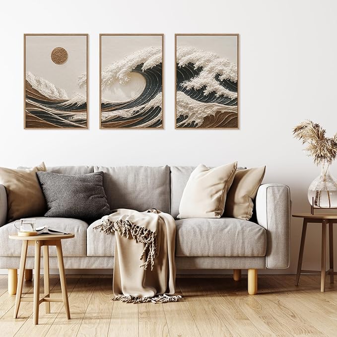 HLNIUC Sea Wave Framed Canvas Wall Art,Abstract Sun Seascape Wall Decor Set of 3(16”x24”) Large Modern Ocean Beach Art Print,Great Wave Sunset Pictures Canvas Famed Painting for Living Room,Bedroom-Ruum Studio Home