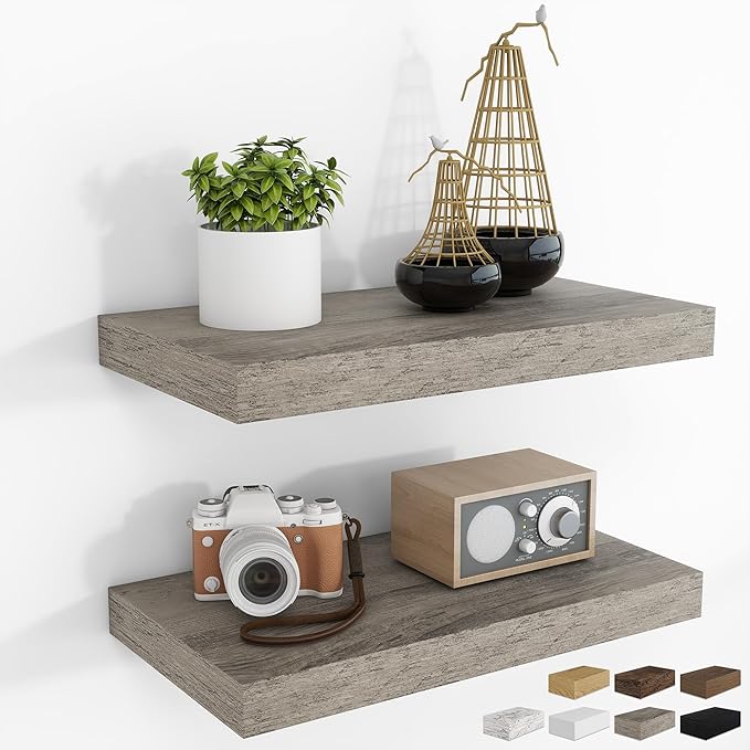 RICHFOCUS 16Inch Floating Shelves for Wall 2 Pack Shelves for Bedroom|Kitchen|Bathroom Wall Mounted Rustic Wood Floating Shelf with Invisible Brackets for Books|Storage|Decor, Grey-Ruum Studio Home