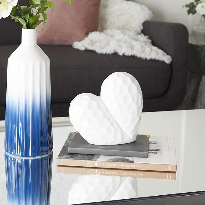 Deco 79 Porcelain Ceramic Heart Decorative Sculpture Dimensional Angled Origami Inspired Home Decor Statue, Accent Figurine 8" x 3" x 8", White-Ruum Studio Home