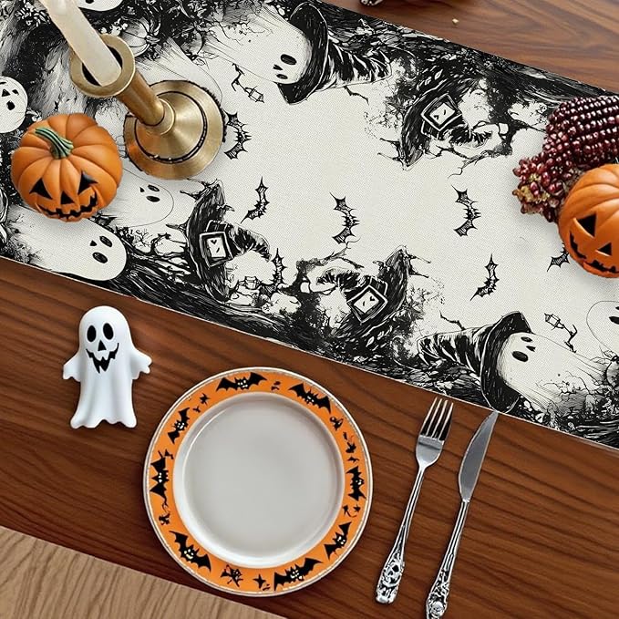 GPGHE Halloween Table Runner Black Ghost Holiday Burlap Table Decoration Indoor Outdoor Home Decor Party Supply 13 x 36 Inch-Ruum Studio Home