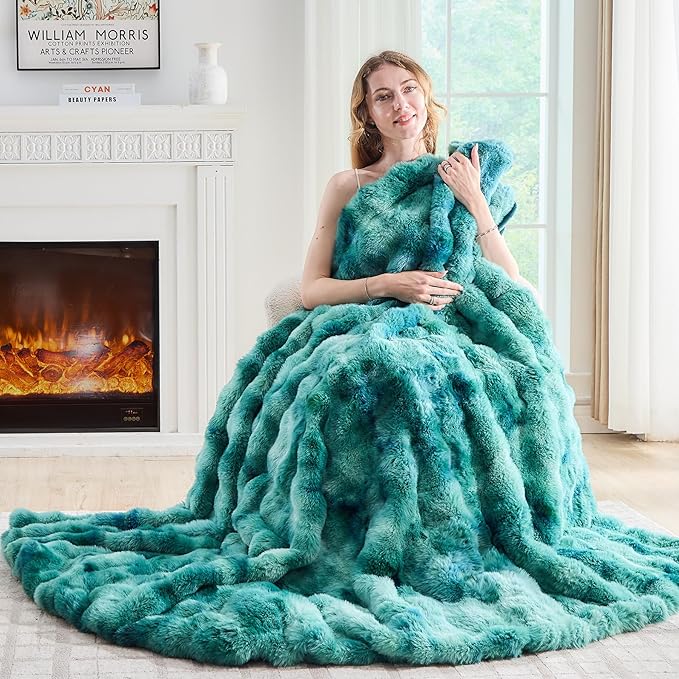 Lotus Karen Faux Fur Throw Blanket Tie-Dye Green-Big Bubble Rabbit Fluff Blanket for Couch,Small Fluffy Fuzzy Cozy Blanket,Thick Furry Plush Shaggy Blankets,50x60 Inches-Ruum Studio Home