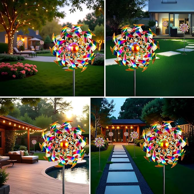Solar Wind Spinners for Yard and Garden - 360° Metal Large Wind Sculptures Outdoor Clearance Kinetic Windmills with 4 Layer Jeweled Blades for Patio, Lawn Garden Decoration - 54Inch-Ruum Studio Home