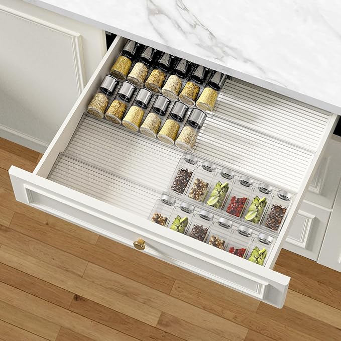 AMBIRD Spice Drawer Organizer, 4 Tier-2 Set Clear Spice Rack Tray Expandable From 11'' to 22'', Seasoning Organizer with non-slip tape for Kitchen, Cabinet, Drawers, Countertop(JARS NOT INCLUDED)-Ruum Studio Home
