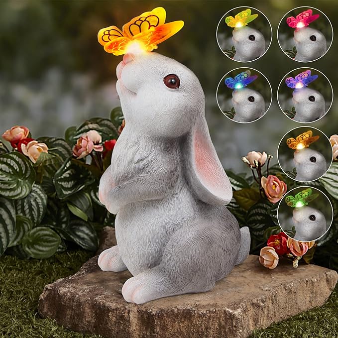 Garden Statue Outdoor Decor-Rabbit with Solar Butterfly Changing Lights Garden Statues,Bunny Statue for Patio,Balcony,Yard,Lawn Ornament,Gardening Gifts for Mom Grandma-Ruum Studio Home
