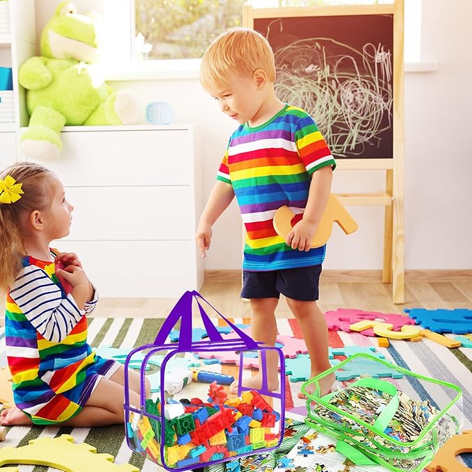 6 Colors Large Toy Storage Bags with Labels, Reusable Clear PVC Board Game Storage, Travel Waterproof Organizer Bags with Zipper for Building Blocks, Puzzle, Kids Books(3 large & 3 Widen X-Large)-Ruum Studio Home