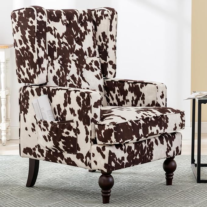 Mid-Century Accent Chair, Upholstered Arm Chair Linen Fabric Side Chair with High Back Solid Wooden Legs, Comfy Reading Chair for Living Room Bedroom, Milk Cow-Ruum Studio Home