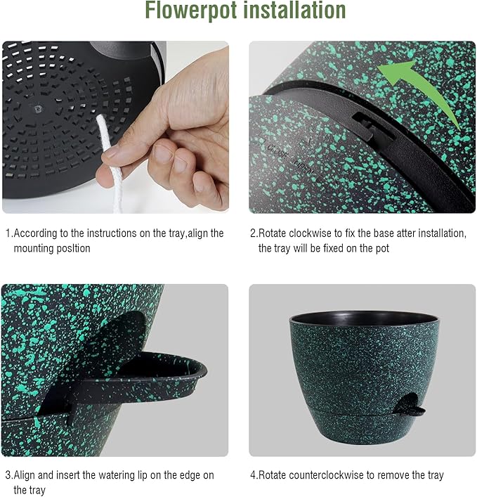 12/10/9 inch Large Self Watering Pots, Planter, Plant Pots with Mesh Drainage Holes for Indoor Outdoor Garden Plants, Plastic Flower Pots with Deep Reservoir, Black with Green Speckles-Ruum Studio Home