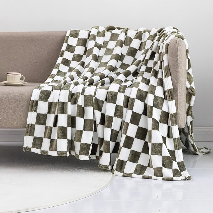 LOMAO Throw Blankets Flannel Blanket with Checkerboard Grid Pattern Soft Throw Blanket for Couch, Bed, Sofa Luxurious Warm and Cozy for All Seasons (Dark Olive, 90"x90")-Ruum Studio Home