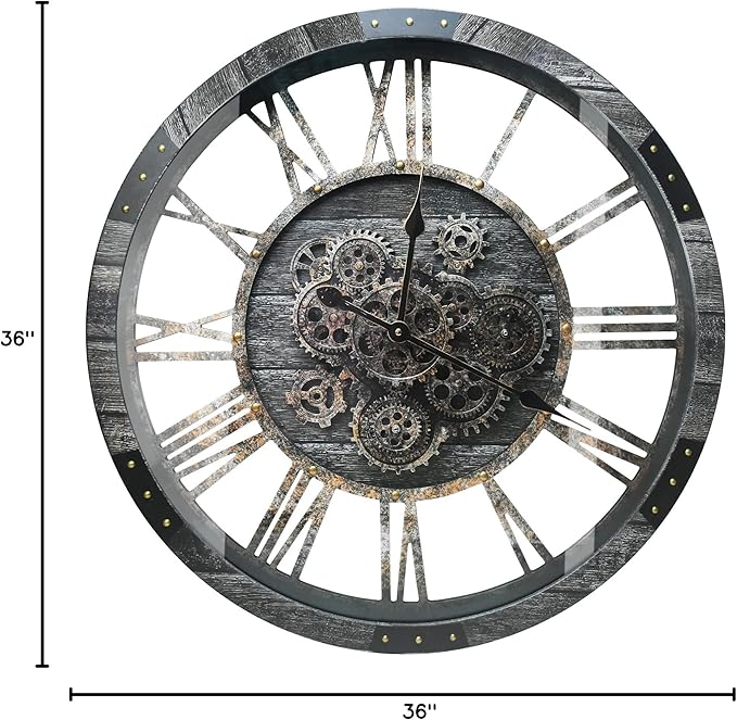 DORBOKER 36" Extra Large Wall Clock with Moving Gears, Oversized Giant Industrial Steampunk Rustic Clocks for Wall Decor Living Room Home Office, Solid Wood Retro Metal,Carbon Grey-Ruum Studio Home