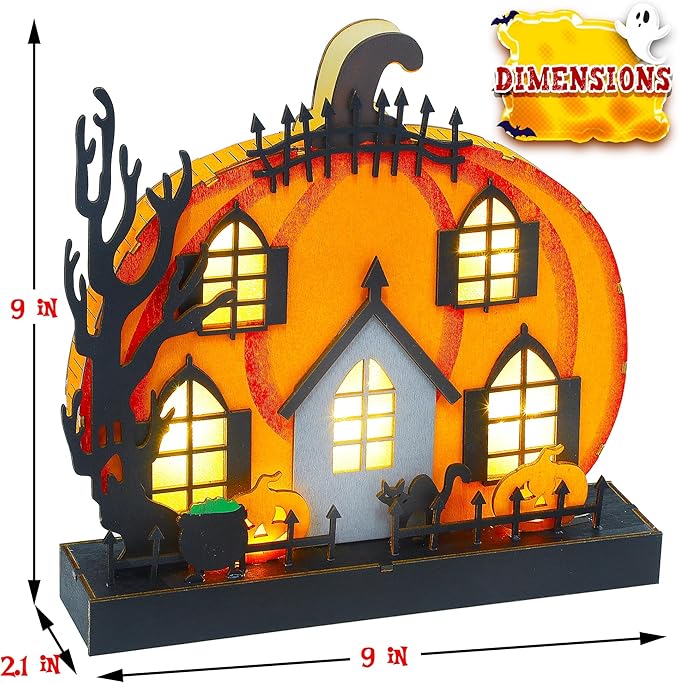 Lulu Home Halloween Tabletop Decoration, Wooden Lighted Pumpkin House Decoration Ornaments, Battery Operated Halloween Sign Indoor Fireplace Desk Kitchen Table Ornament, 9 x 9 x 2.1 INCH-Ruum Studio Home