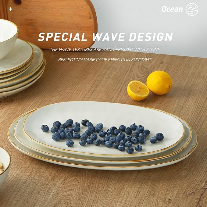 famiware Serving Platter, Oval 15.59/14.3/12.9inch Serving Dishes for Entertaining, Serving Bowls, Microwave Safe, Stoneware Serving Trays for Party, Food, Turkey, Cheese, Ocean Series, Vanilla White-Ruum Studio Home