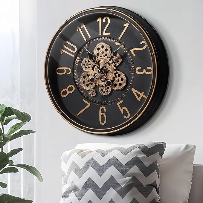 Maxstar Large Moving Gear Wall Clock,20" Vintage Mechanical Battery Operated Industrial Wall Clocks for Farmhouse Living Room,Home Office, Dinning Room, Kitchen, Steampunk Decor-Gold,Arab Numeral-Ruum Studio Home