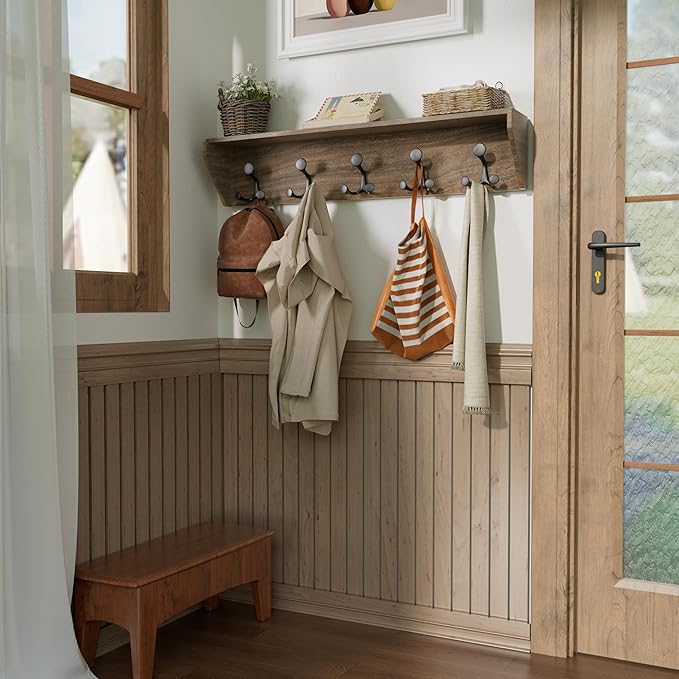 SKOLOO Wall Shelf with Hooks, 24-Inch Weathered Brown Coat Rack Wall Mount with Shelf Organizer - Lightweight & Sturdy, 5 Tri Hooks - Perfect for Entryway, Hallway, Living Room, Bedroom, Mudroom-Ruum Studio Home