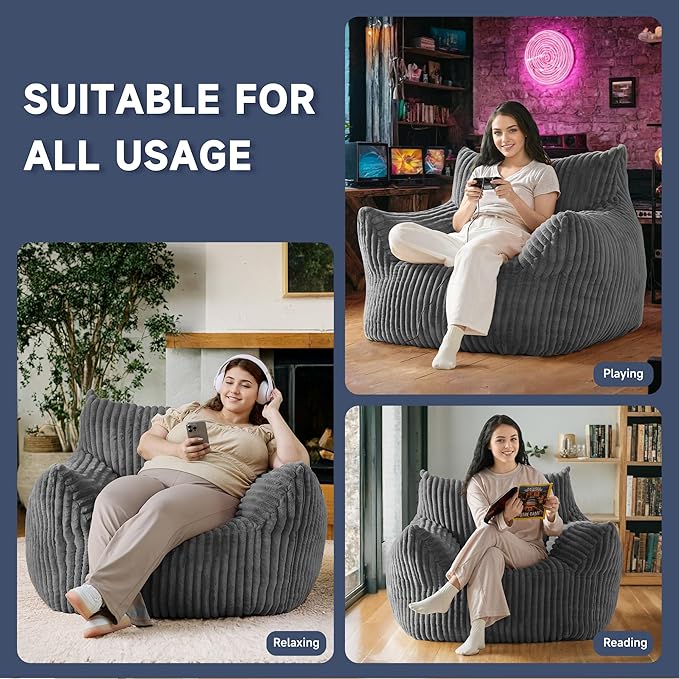 Oversized Bean Bag Chair for Adults, Giant Comfy Plush Boneless Bean Bag Couch with Filler for Kids - Reading Chair for Living Room, Bedroom & Dorm, Single Accent Chair Floor Lounger, Gray-Ruum Studio Home