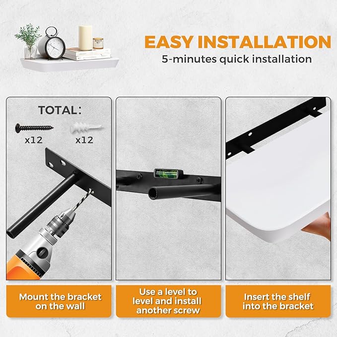 16"x6.8"x1.6" Slanted Floating Wall Shelves 2-Pack - Rustic White Finish, Heavy-Duty Solid Wood Design with Hidden Brackets - Perfect for Living Room, Kitchen, Bathroom, or Office-Ruum Studio Home