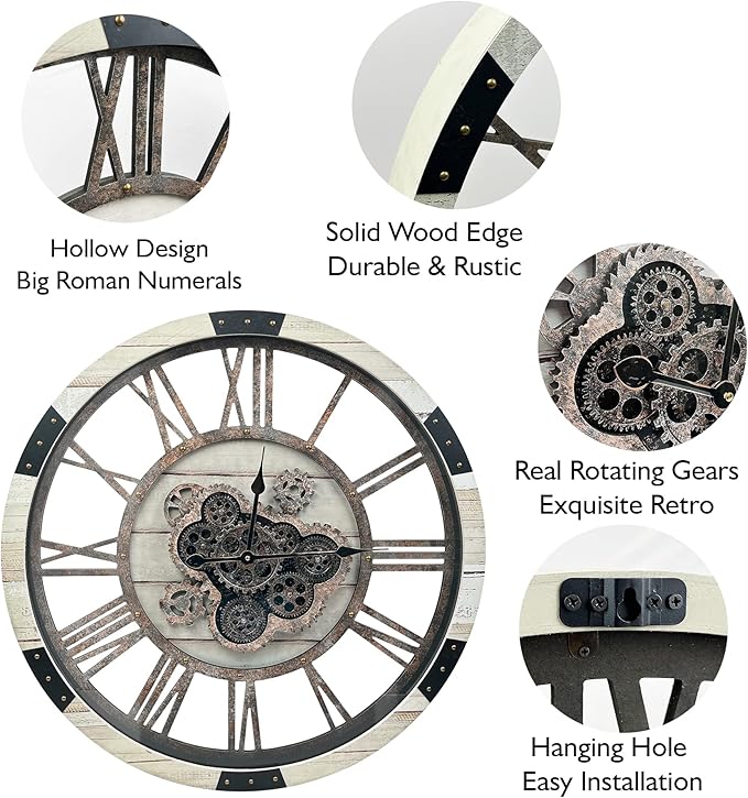 DORBOKER 24" Large Wall Clock with Moving Gears,Oversize Vintage Industrial Rustic Farmhouse Clocks for Living Room Decor Office Home,Solid Wood Retro Metal HD Tempered Glass Cover,Desert Beige-Ruum Studio Home