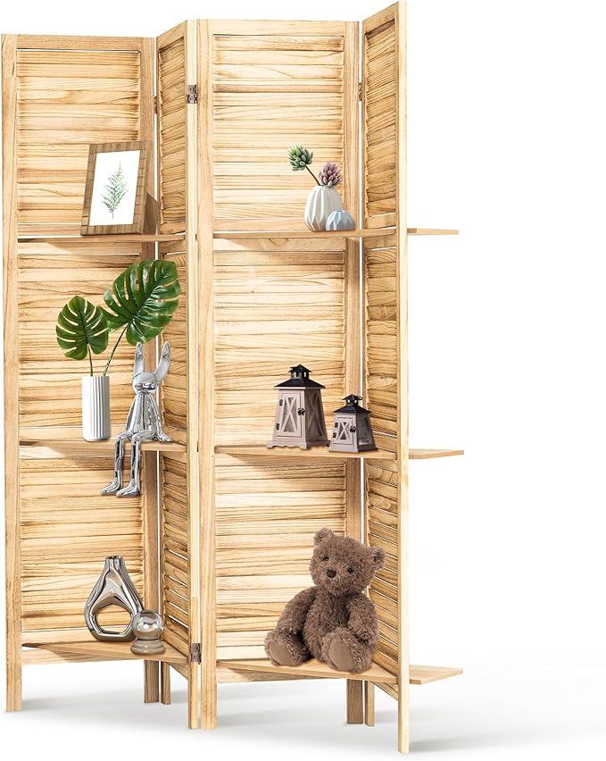 Osparple Room Divider with Shelves 4 Panel Wooden Folding Room Dividers Privacy Screen Wall Divider for Room Separation for Office and Apartment, Natural-Ruum Studio Home