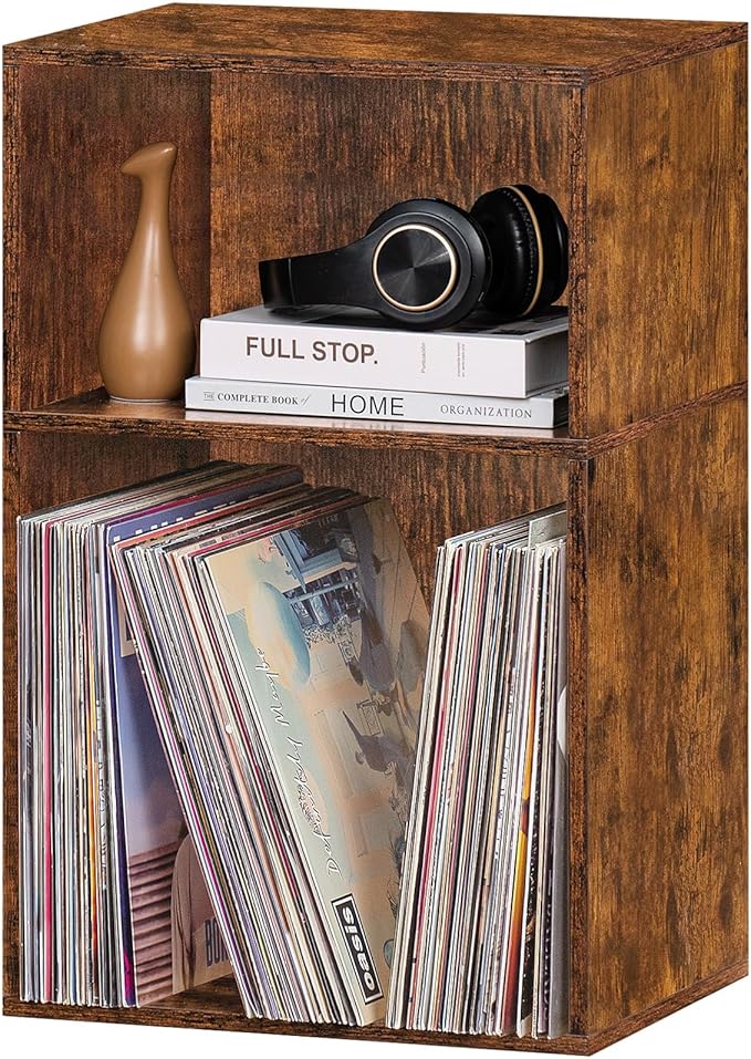LEYAOYAO 2 Cube Bookshelf,Brown Record Player Stand Holds up to 100 Albums, Mini Wood Book Shelf Storage Organizer,Turntable Stand with Vinyl Storage Cabinet, Narrow Open Bookcase for Small Spaces-Ruum Studio Home