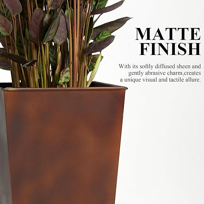 Worth Garden 12" Dia x 28" H Large Metal Planter Set of 2, Matte Bronze Retro Finish Tall Square Tapered Steel Plant Pots, Decor Flower Pots Indoor & Outdoor, Drainage Hole & Dual-Purpose Plant Saucer-Ruum Studio Home
