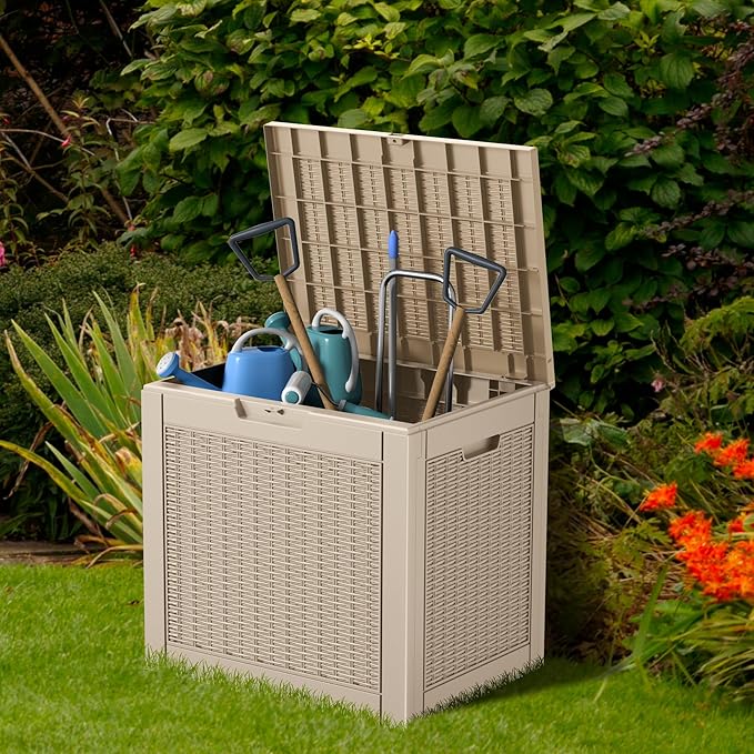 33 Gallon Deck Box Large Outdoor Storage for Patio Furniture,Outdoor Cushions,Garden Tools and Pool Supplies,Waterproof,Resin,Lockable(Grey)-Ruum Studio Home