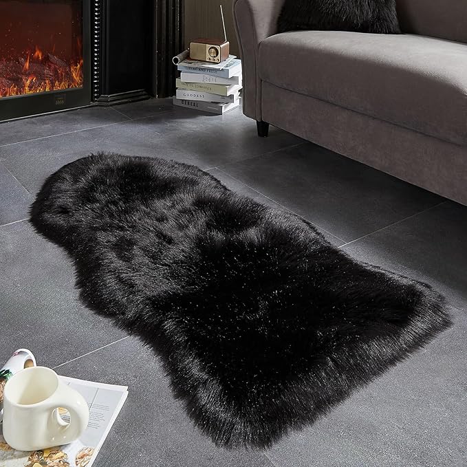 AMTOVO Faux Fur Rug, Black Area Rug, Fluffy Sheepskin Rug, Fuzzy Ultra Soft 2 x 4 ft Shag Rugs for Bedroom Sofa Throw Cushion Room Decor, Sheepskin-Ruum Studio Home