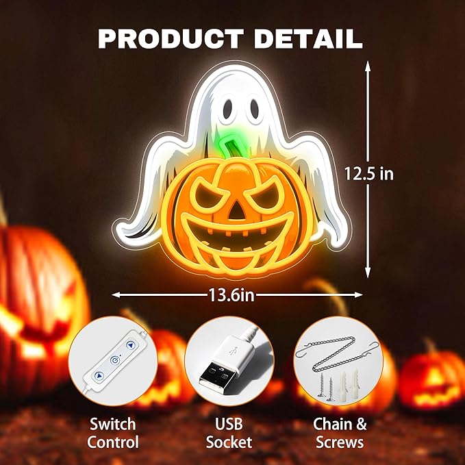 Spooky Glow Halloween Neon Signs for Wall Decor - Ghost & Pumpkin Led Neon Light Up Sign, Glow in Dark Indoor Decor for Porch Window Home Bar Party, Scary Halloween Decorations Gifts for Kids-Ruum Studio Home