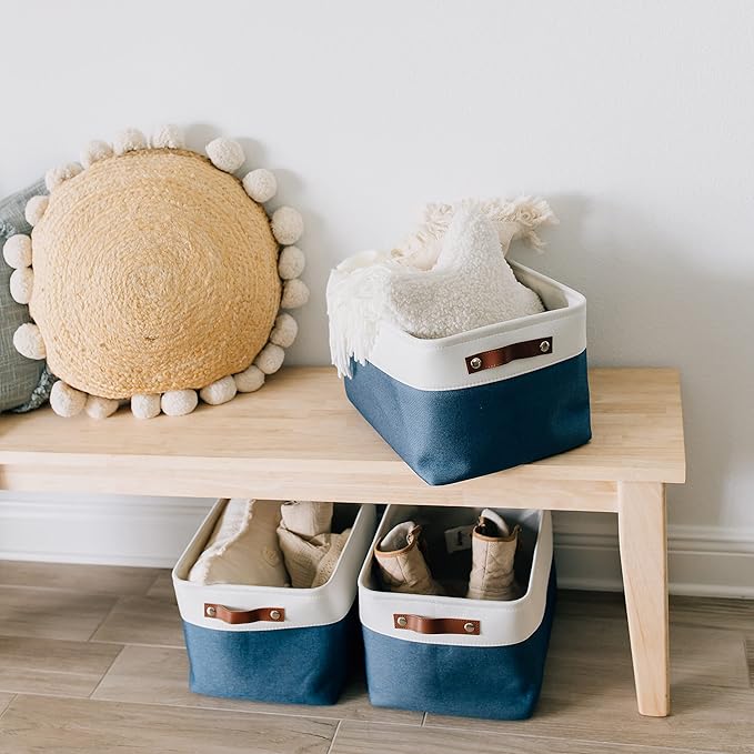 OrganiHaus Extra Large Fabric Storage Bins for Shelves 16x13in, Closet Storage Baskets for Shelf Organizing, Canvas Rectangle Bins for Organization, Linnen Baskets for Organizing - Navy Blue/White-Ruum Studio Home
