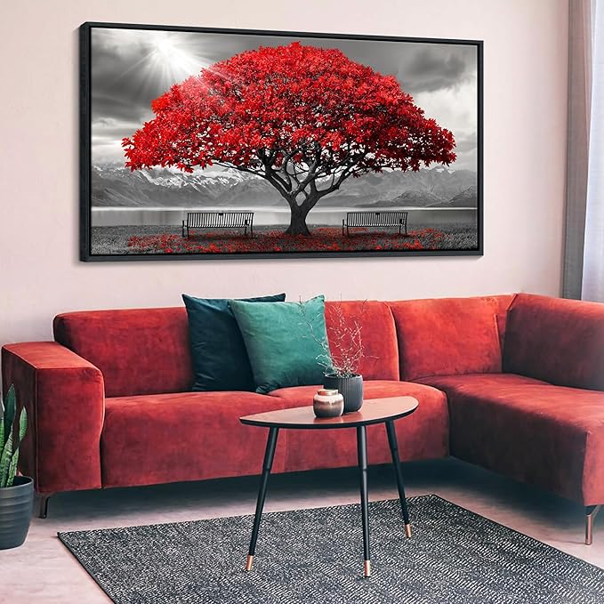 AJAZIKO Red Wall Art - Modern Framed Wall Art for Living Room - Red Tree Black and White Landscape Canvas Prints Posters & Prints for Home Office Bedroom Decorations - Large Wall Pictures 24×48IN-Ruum Studio Home