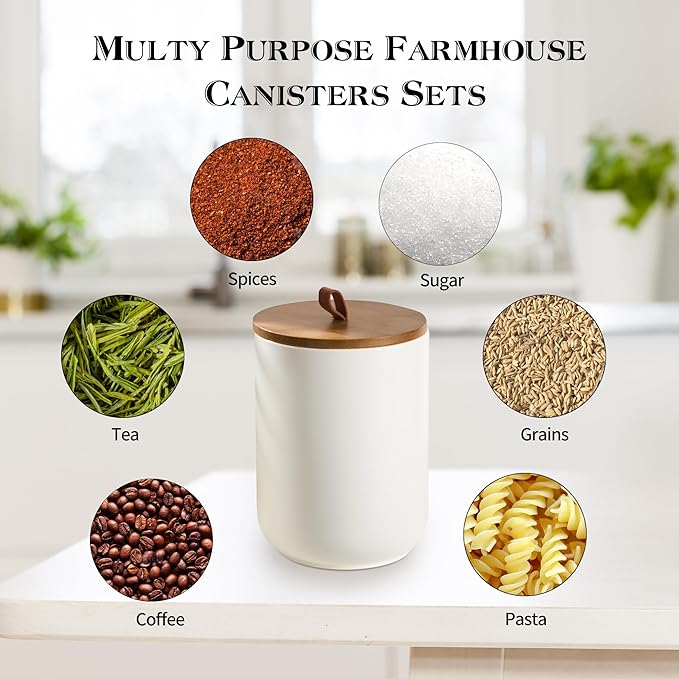 White Ceramic Canister Set with Wooden Lid, 3-Piece Food Storage Jars for Kitchen Counter, Storage Container for Coffee, Tea, Spice, Sugar, Grains, Salt-Ruum Studio Home