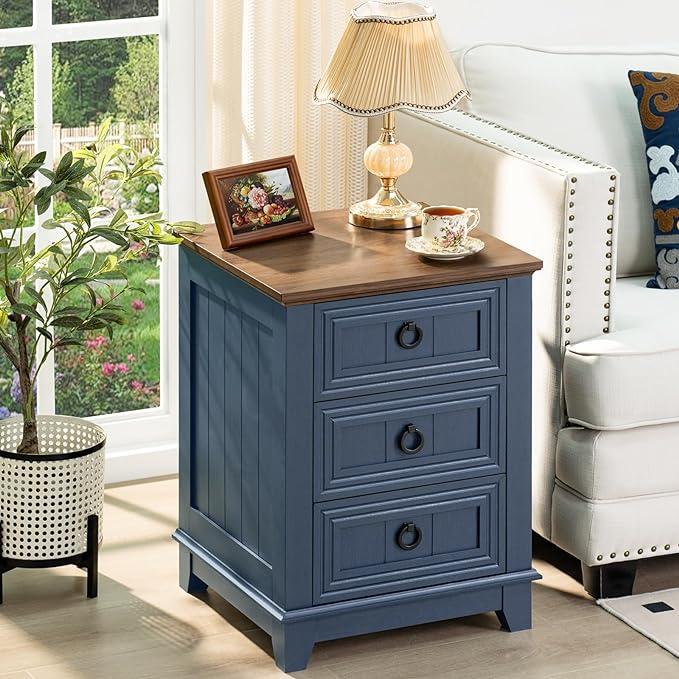 Night Stand Set of 2, Farmhouse 18" End Table with 3 Drawer Metal Handle, Dresser for Bedroom, Sofa Bed Side Table Chest of Drawers,Wood Nightstand Cabinet for Organizer, Living Room-Blue-Ruum Studio Home