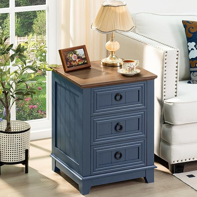 18" Farmhouse Night Stand with 3 Drawers, Wood End Table Dresser for Bedroom, Navy Blue Nightstand, Bed Side Table with Metal Handle, Bedside Cabinet for Bedroom Living Room, Closet-Ruum Studio Home