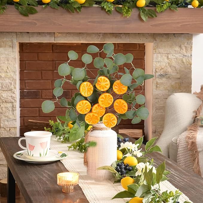 Eucalyptus Stems, 4PCS Artificial Lemon Stems Faux Citrus Branches Plastic Decor for Kitchen, Table Centerpieces, Entryway, Thanksgiving Wedding Party (Green)-Ruum Studio Home