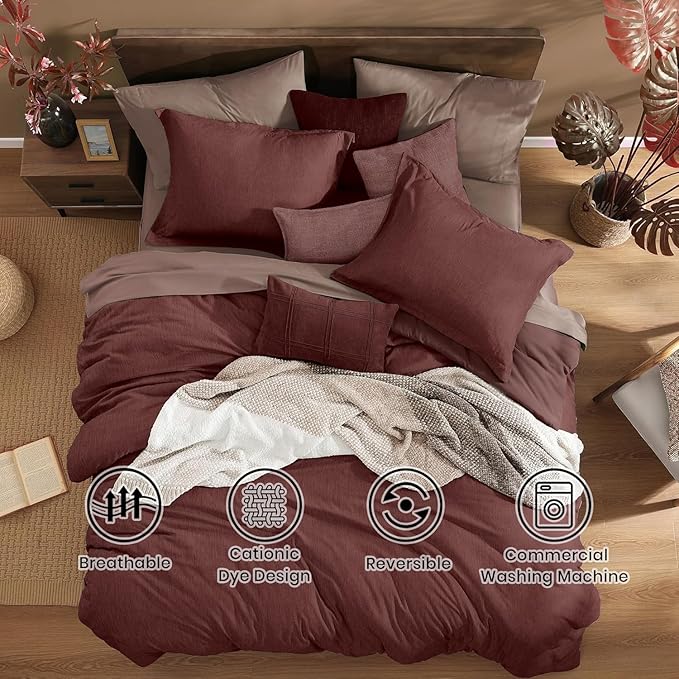 Monbix California King Comforter Set - 7 Pieces Cationic Dyeing Dark Red Bed in a Bag Cal King Bedding Sets with Comforter, Sheets, Pillowcases & Shams, Reversible Bedding Comforters Sets (108 * 92)-Ruum Studio Home