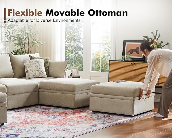 Luxury Modular Sectional Sofa, L-Shaped 3-Seat Couch with Storage Ottoman Deep Seat & Reversible Chaise Lounge Chenille Beige for Compact Spaces, Apartments, Dorm-Ruum Studio Home