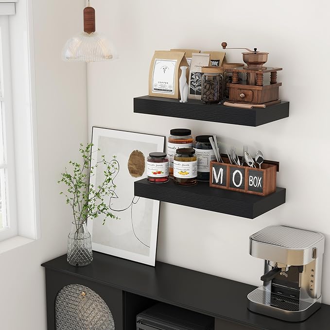 Deep Floating Shelves for Wall, 24W x 12D Black Floating Shelves Set of 2, 12'' Deep Large Wood Shelves for Living Room Bathroom Laundry Room Bedroom Kitchen Home Office - Black-Ruum Studio Home