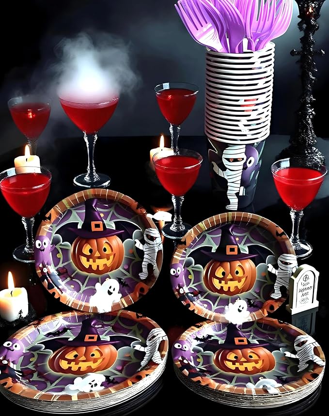 Halloween Paper Plates,Cups,Forks(96Pcs)-Disposable Party Plates Heavy Duty,Party Supplies Tableware Set|Paper Plates 9 inch & 7 inch,Spooky Decor(Flying Pumpkin,Ghost,Zombie,Bat) for Kids Halloween-Ruum Studio Home