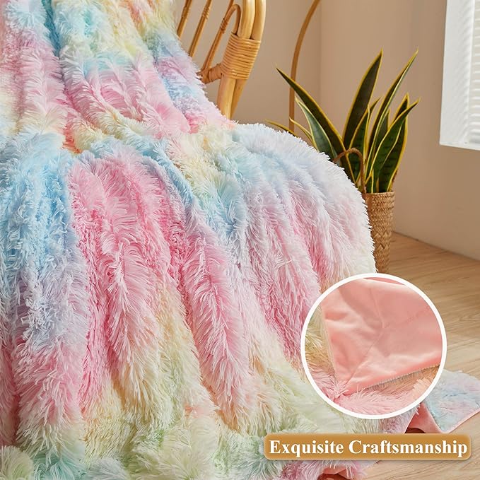 XeGe Plush Faux Fur Rainbow Throw, Tie Dye 50x60 Shaggy Furry Blanket, Fluffy Microfiber Velvet Couch Throw, Soft Colorful Fuzzy Lap Blanket for Girls Teens Women Kid Rainbow Print-Ruum Studio Home