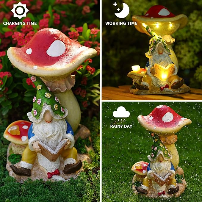 Upgraded Size Solar Garden Outdoor Statues Gnome Reading Under Mushroom with 5 LED Solar Figurine for Lawn,Patio,Balcony,Yard Decor Unique Housewarming Gift for Grandfather, Father,Grandma,Wen-Ruum Studio Home