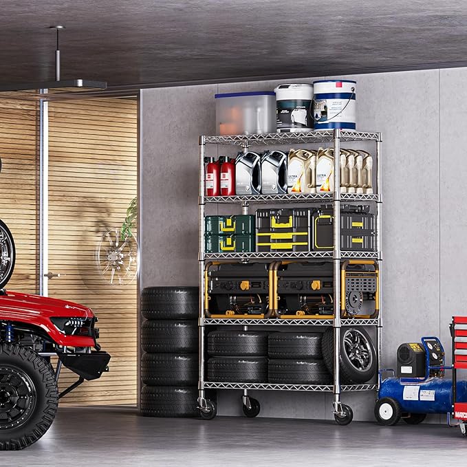 IZEUK 5-Tier Storage Shelving Unit with Wheels, Adjustable Heavy Duty Steel Wire Rack Organizer (Chrome, 17.7" D x 47.2" W x 76.7" H, 1750 lbs Capacity) for Garage, Kitchen, Pantry, Laundry, Basement-Ruum Studio Home