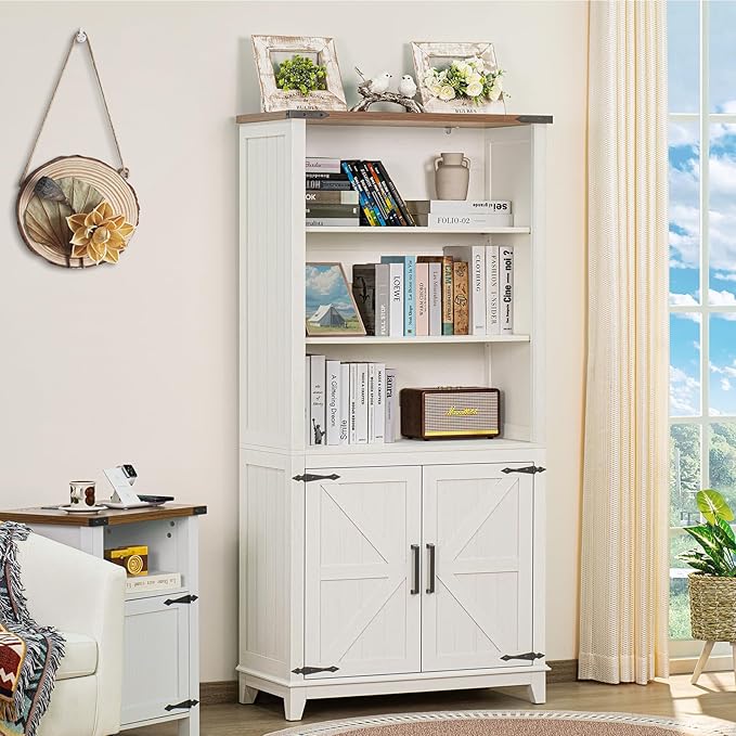 5 Tier Bookshelf 70in Tall Bookcase with Barn Doors and Storage Cabinet, White Farmhouse Book Shelf with Adjustable Shelves, Wood Freestanding Display Bookshelves for Bedroom, Kitchen (2PCS)-Ruum Studio Home