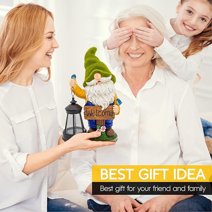 Garden Gnomes Outdoor - Flocked Gnome Statue Holding Lantern with Solar LED Lights | Gnomes Garden Decorations for Patio, Yard, Lawn Ornaments - Gnome Gifts-Ruum Studio Home