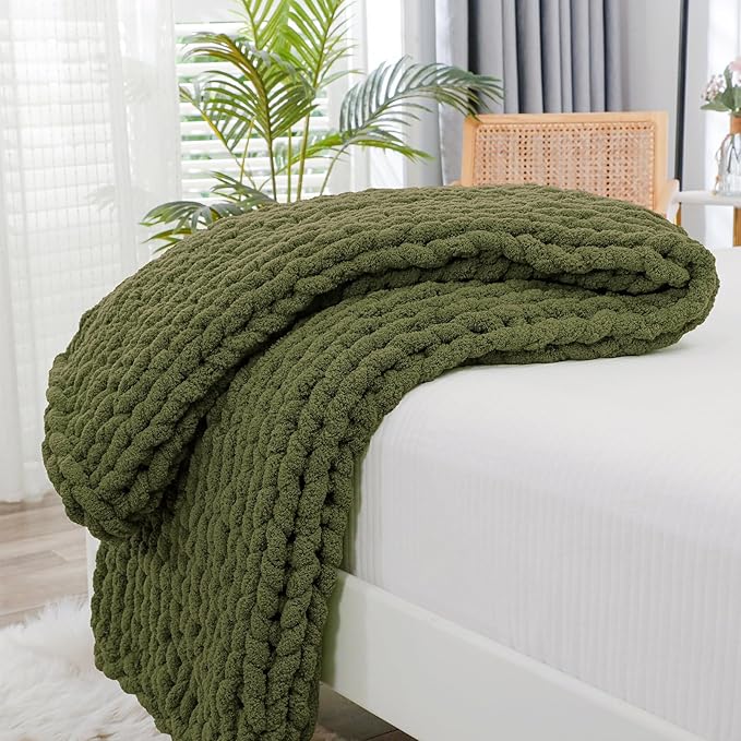 Bigacogo Chunky Knit Throw Blanket for Couch, 40x40 inches, 100% Hand Knitted with Thick Jumbo Chenille Yarn, Cozy Soft Large Rope Knot Cable Crochet Blankets for Sofa Bed Living Room, Yellow Green-Ruum Studio Home