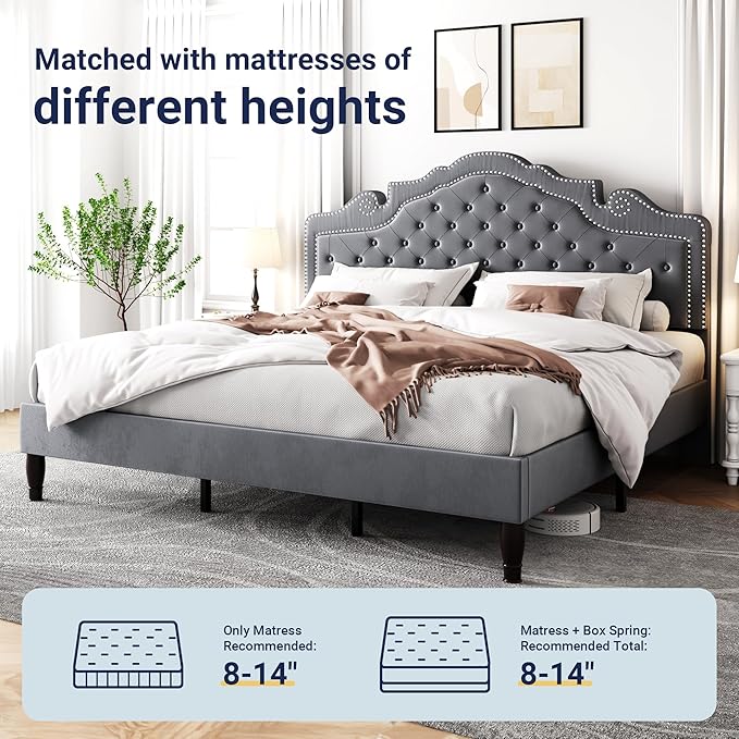 Allewie King Size Bed Frame with Adjustable Velvet Tiara Headboard, Upholstered Diamond Button Tufted Platform Bed, Wood Slats Support, No Box Spring Needed, Light Grey-Ruum Studio Home
